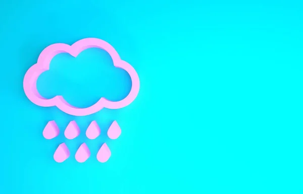 Nube rosa con icono de lluvia aislado sobre fondo azul. precipitación de nubes de lluvia con gotas de lluvia. Concepto minimalista. 3D ilustración 3D render — Foto de Stock