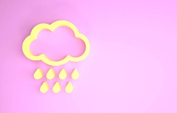 Nube amarilla con icono de lluvia aislado sobre fondo rosa. precipitación de nubes de lluvia con gotas de lluvia. Concepto minimalista. 3D ilustración 3D render — Foto de Stock
