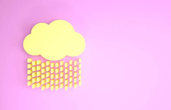 Nuvem amarela com ícone de chuva isolado no fundo rosa. Precipitação de nuvens de chuva com gotas de chuva. Conceito de minimalismo. 3D ilustração 3D render — Fotografia de Stock