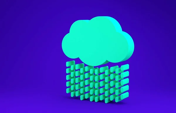 Зелена хмара з піктограмою дощу ізольована на синьому фоні. Дощ хмарно з краплями дощу. Концепція мінімалізму. 3D ілюстрація 3D рендеринга — стокове фото
