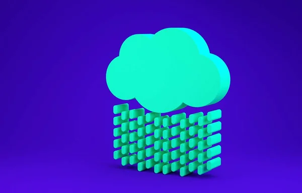 Green Cloud with rain icon isolated on blue background. Rain cloud precipitation with rain drops. Minimalism concept. 3d illustration 3D render