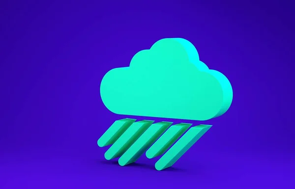 Green Cloud with rain icon isolated on blue background. Rain cloud precipitation with rain drops. Minimalism concept. 3d illustration 3D render