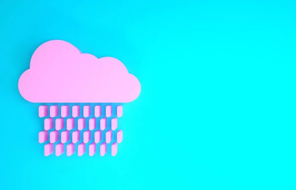 Nube rosa con icono de lluvia aislado sobre fondo azul. precipitación de nubes de lluvia con gotas de lluvia. Concepto minimalista. 3D ilustración 3D render — Foto de Stock