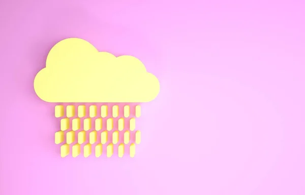 Gelbe Wolke mit Regensymbol auf rosa Hintergrund. Regenwolken Niederschlag mit Regentropfen. Minimalismus-Konzept. 3D Illustration 3D Renderer — Stockfoto