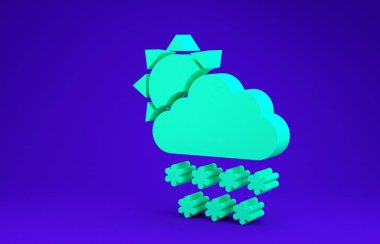 Mavi zemin üzerinde kar ve güneş ikonu olan Yeşil Bulut. Kar taneli bulut. Tek hava ikonu. Kar tabelası. Minimalizm kavramı. 3d illüstrasyon 3d canlandırma