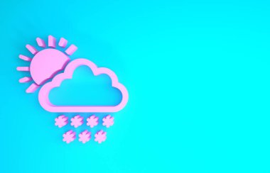 Mavi arka planda kar ve güneş ikonu olan Pembe Bulut. Kar taneli bulut. Tek hava ikonu. Kar tabelası. Minimalizm kavramı. 3d illüstrasyon 3d canlandırma