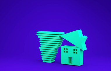Yeşil Tornado girdabı mavi arka planda izole edilmiş çatı ikonuna zarar veriyor. Kasırga, kasırga, fırtına bacası, kasırga rüzgar ikonu. Minimalizm kavramı. 3d illüstrasyon 3d canlandırma