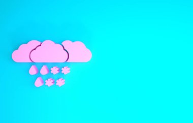 Mavi zemin üzerinde kar ve yağmur ikonu olan pembe bulut. Hava durumu simgesi. Minimalizm kavramı. 3d illüstrasyon 3d canlandırma