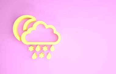 Sarı Bulut, kar, yağmur ve ay ikonu pembe arka planda izole edilmiş. Hava durumu simgesi. Minimalizm kavramı. 3d illüstrasyon 3d canlandırma