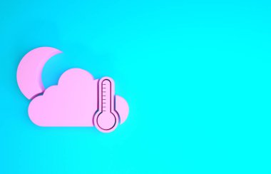 Pembe termometre ve mavi arka planda ay ikonu olan bulut. Minimalizm kavramı. 3d illüstrasyon 3d canlandırma