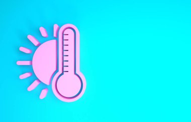 Mavi zemin üzerinde güneş ikonu olan pembe termometre. Minimalizm kavramı. 3d illüstrasyon 3d canlandırma