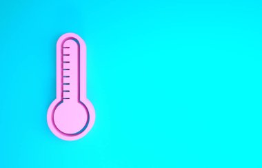 Pembe Meteoroloji termometresi ısıyı ve soğuk ikonu mavi arka planda izole ediyor. Termometre termometresi sıcak ya da soğuk hava gösteriyor. Minimalizm kavramı. 3d illüstrasyon 3B canlandırma