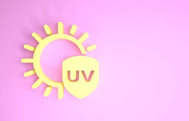 Pembe arka planda izole edilmiş sarı UV koruma simgesi. Güneş ve kalkan. Ultra menekşe ışınları radyasyon. Güneş ışığı işareti. Minimalizm kavramı. 3d illüstrasyon 3d canlandırma