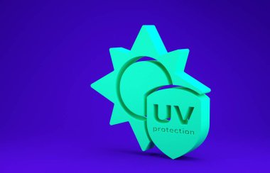 Mavi arkaplanda yeşil UV koruma simgesi izole edildi. Güneş ve kalkan. Ultra menekşe ışınları radyasyon. Güneş ışığı işareti. Minimalizm kavramı. 3d illüstrasyon 3d canlandırma