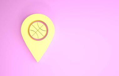 Sarı konum ve içinde basketbol topu olan pembe arka planda izole edilmiş bir sembol. Minimalizm kavramı. 3d illüstrasyon 3d canlandırma