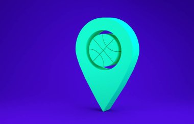 Mavi arka planda izole edilmiş, içinde basketbol topu olan yeşil yer. Minimalizm kavramı. 3d illüstrasyon 3d canlandırma