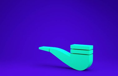 Mavi arka planda izole edilmiş duman simgesi olan yeşil sigara piposu. Tütün piposu. Minimalizm kavramı. 3d illüstrasyon 3d canlandırma