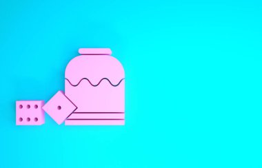 Pembe Korsan oyun zar simgesi mavi arkaplanda izole edildi. Kumarhane kumarı. Minimalizm kavramı. 3d illüstrasyon 3d canlandırma
