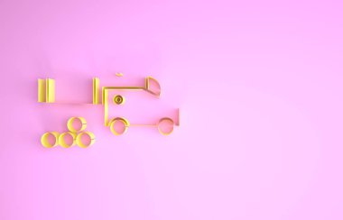 Pembe arka planda izole edilmiş top gülleleri simgesi olan sarı top. Ortaçağ silahları. Minimalizm kavramı. 3d illüstrasyon 3d canlandırma