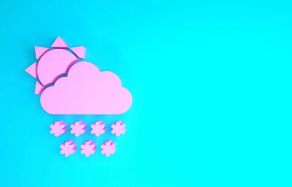 Ροζ σύννεφο με χιόνι και τον ήλιο εικονίδιο απομονώνονται σε μπλε φόντο. Σύννεφο με νιφάδες χιονιού. Μονό καιρικό φαινόμενο. Χιονίζει. Μινιμαλιστική έννοια. 3D απεικόνιση 3d καθιστούν — Φωτογραφία Αρχείου