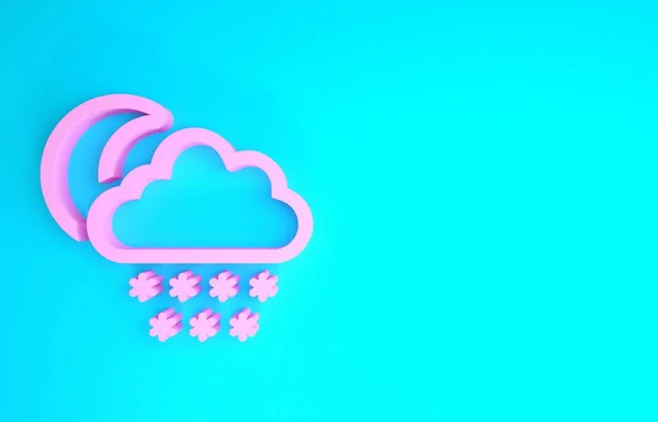 青い背景に雪と月のアイコンが隔離されたピンクの雲。雪の結晶で雲。シングルウェザーアイコン。雪のサインだ最小限の概念。3Dイラスト3Dレンダリング — ストック写真