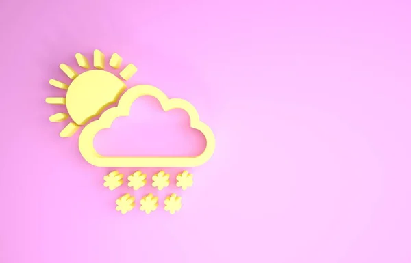 Gult moln med snö och sol ikon isolerad på rosa bakgrund. Moln med snöflingor. Enkelvädersikon. Snöskylt. Minimalistiskt koncept. 3D-illustration 3D-återgivning — Stockfoto