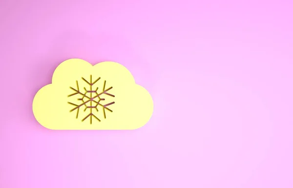 Nube amarilla con icono de nieve aislado sobre fondo rosa. Nube con copos de nieve. Icono de tiempo único. Signo de niebla. Concepto minimalista. 3D ilustración 3D render — Foto de Stock