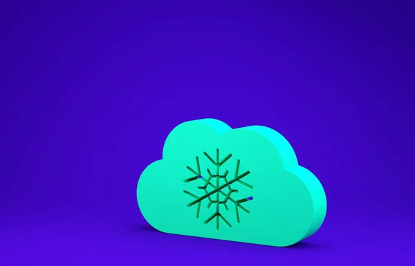 Nube verde con icono de nieve aislado sobre fondo azul. Nube con copos de nieve. Icono de tiempo único. Signo de niebla. Concepto minimalista. 3D ilustración 3D render — Foto de Stock