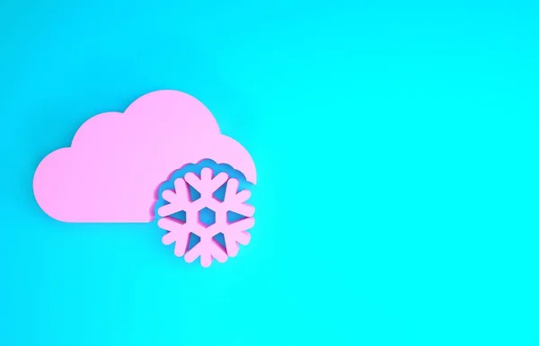 Nuvem rosa com ícone de neve isolado no fundo azul. Nuvem com flocos de neve. Ícone meteorológico único. Sinal de nevar. Conceito de minimalismo. 3D ilustração 3D render — Fotografia de Stock