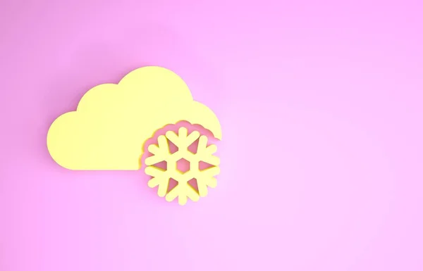 Nuvem amarela com ícone de neve isolado no fundo rosa. Nuvem com flocos de neve. Ícone meteorológico único. Sinal de nevar. Conceito de minimalismo. 3D ilustração 3D render — Fotografia de Stock