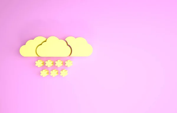 Nube amarilla con icono de nieve aislado sobre fondo rosa. Nube con copos de nieve. Icono de tiempo único. Signo de niebla. Concepto minimalista. 3D ilustración 3D render — Foto de Stock