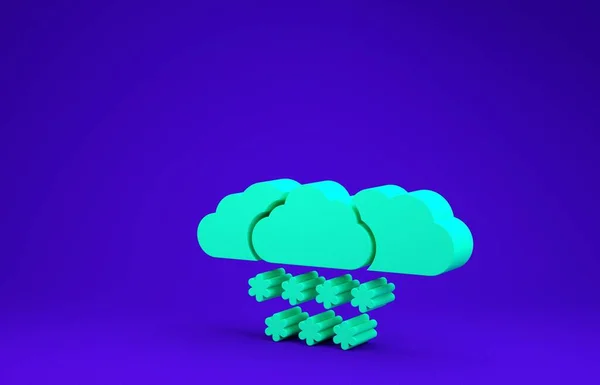 Zielona chmura z ikoną śniegu na niebieskim tle. Chmura z płatkami śniegu. Pojedyncza ikona pogody. Znak śniegu. Koncepcja minimalizmu. Ilustracja 3D 3D renderowania — Zdjęcie stockowe
