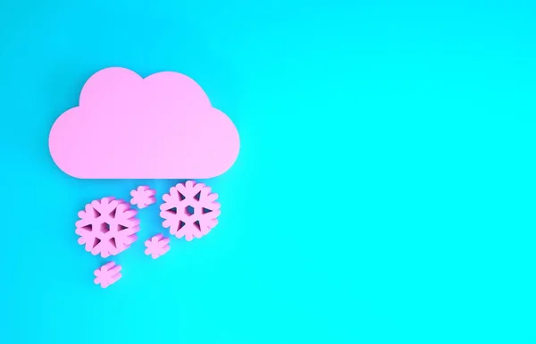 Nuage rose avec icône de neige isolée sur fond bleu. Nuage avec flocons de neige. Icône météo unique. Signe de neige. Concept de minimalisme. Illustration 3D rendu 3D — Photo