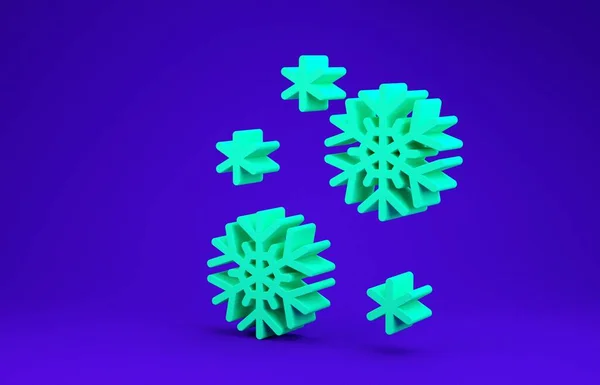 Πράσινο εικονίδιο χιονιού απομονωμένο σε μπλε φόντο. Μινιμαλιστική έννοια. 3D απεικόνιση 3d καθιστούν — Φωτογραφία Αρχείου