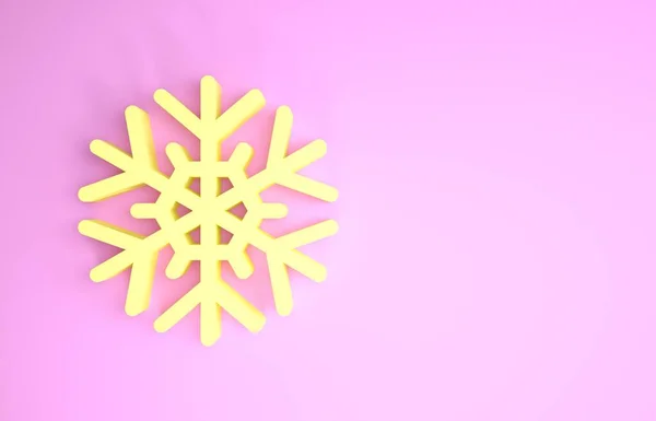 Icono de copo de nieve amarillo aislado sobre fondo rosa. Concepto minimalista. 3D ilustración 3D render — Foto de Stock