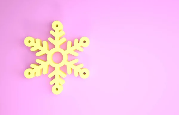 Icono de copo de nieve amarillo aislado sobre fondo rosa. Concepto minimalista. 3D ilustración 3D render — Foto de Stock