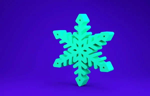 Зеленый значок Снежинки выделен на синем фоне. Концепция минимализма. 3D-рендеринг — стоковое фото