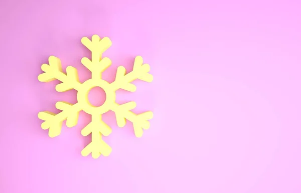 Ícone de floco de neve amarelo isolado no fundo rosa. Conceito de minimalismo. 3D ilustração 3D render — Fotografia de Stock