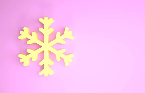 Icono de copo de nieve amarillo aislado sobre fondo rosa. Concepto minimalista. 3D ilustración 3D render — Foto de Stock