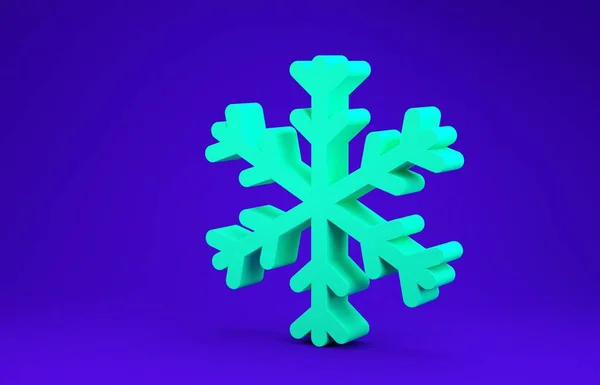 Icono de copo de nieve verde aislado sobre fondo azul. Concepto minimalista. 3D ilustración 3D render — Foto de Stock