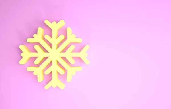 Gelbes Schneeflockensymbol isoliert auf rosa Hintergrund. Minimalismus-Konzept. 3D Illustration 3D Renderer — Stockfoto