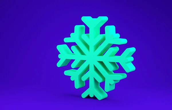 Icono de copo de nieve verde aislado sobre fondo azul. Concepto minimalista. 3D ilustración 3D render — Foto de Stock