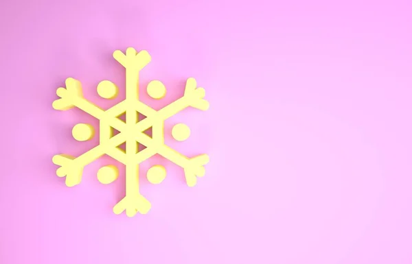 Gelbes Schneeflockensymbol isoliert auf rosa Hintergrund. Minimalismus-Konzept. 3D Illustration 3D Renderer — Stockfoto