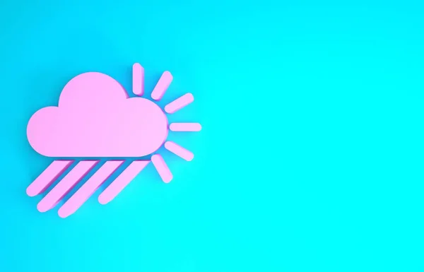 Rózsaszín felhős eső és a nap ikon elszigetelt kék alapon. Esőfelhő csapadék esőcseppekkel. Minimalizmus koncepció. 3d illusztráció 3d render — Stock Fotó