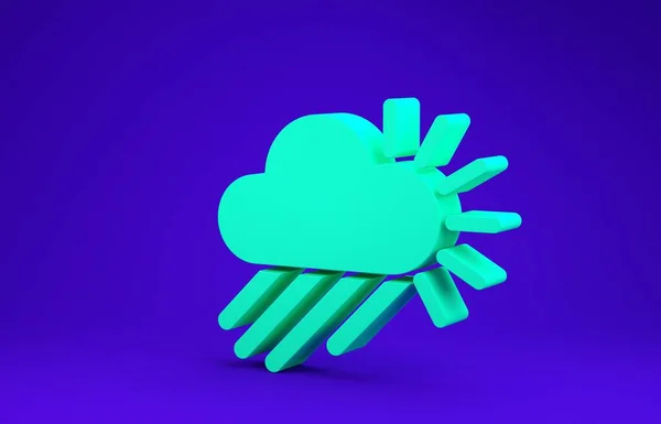Green Cloudy with rain and sun icon isolated on blue background. Rain cloud precipitation with rain drops. Minimalism concept. 3d illustration 3D render