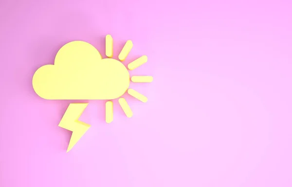 ピンクの背景に孤立した黄色のストームアイコン。雷と太陽のサインで曇っています。嵐の天気アイコン。最小限の概念。3Dイラスト3Dレンダリング — ストック写真