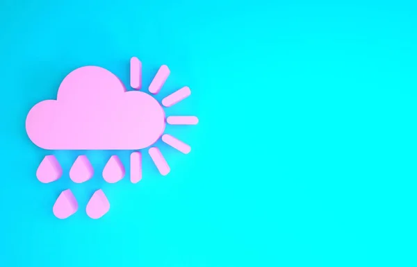 Nublado rosa com ícone de chuva e sol isolado no fundo azul. Precipitação de nuvens de chuva com gotas de chuva. Conceito de minimalismo. 3D ilustração 3D render — Fotografia de Stock