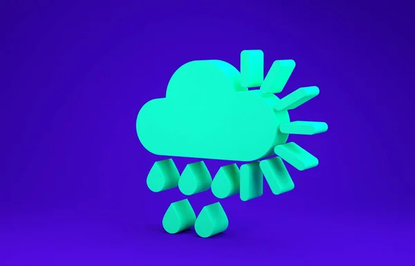 Zielona chmura z ikoną deszczu i słońca na niebieskim tle. Deszczowe opady deszczu z kroplami deszczu. Koncepcja minimalizmu. Ilustracja 3d — Zdjęcie stockowe