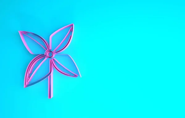 Różowa ikona Pinwheel odizolowana na niebieskim tle. Ikona zabawek wiatraka. Koncepcja minimalizmu. Ilustracja 3d — Zdjęcie stockowe