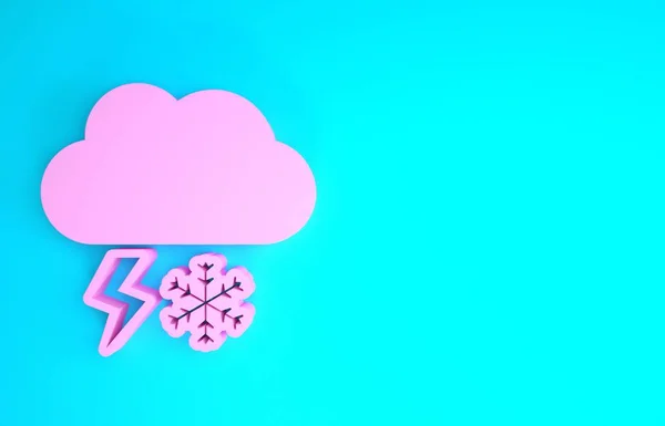 Nuage rose avec la neige et l'icône de la foudre isolé sur fond bleu. Nuage avec flocons de neige. Icône météo unique. Signe de neige. Concept de minimalisme. Illustration 3D rendu 3D — Photo